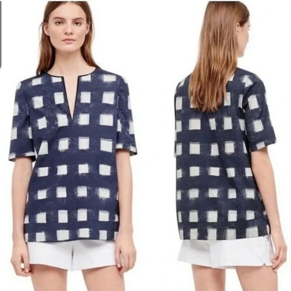 Tory Burch V-neck Antibes Tunic Top Blouse Shirt Cotton Poplin sz 0 Navy Check